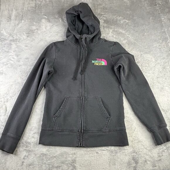 The North Face Tops - North Face Jacket Womens Small Black Fleece Full Zip Hooded‎ Sweatshirt Faded